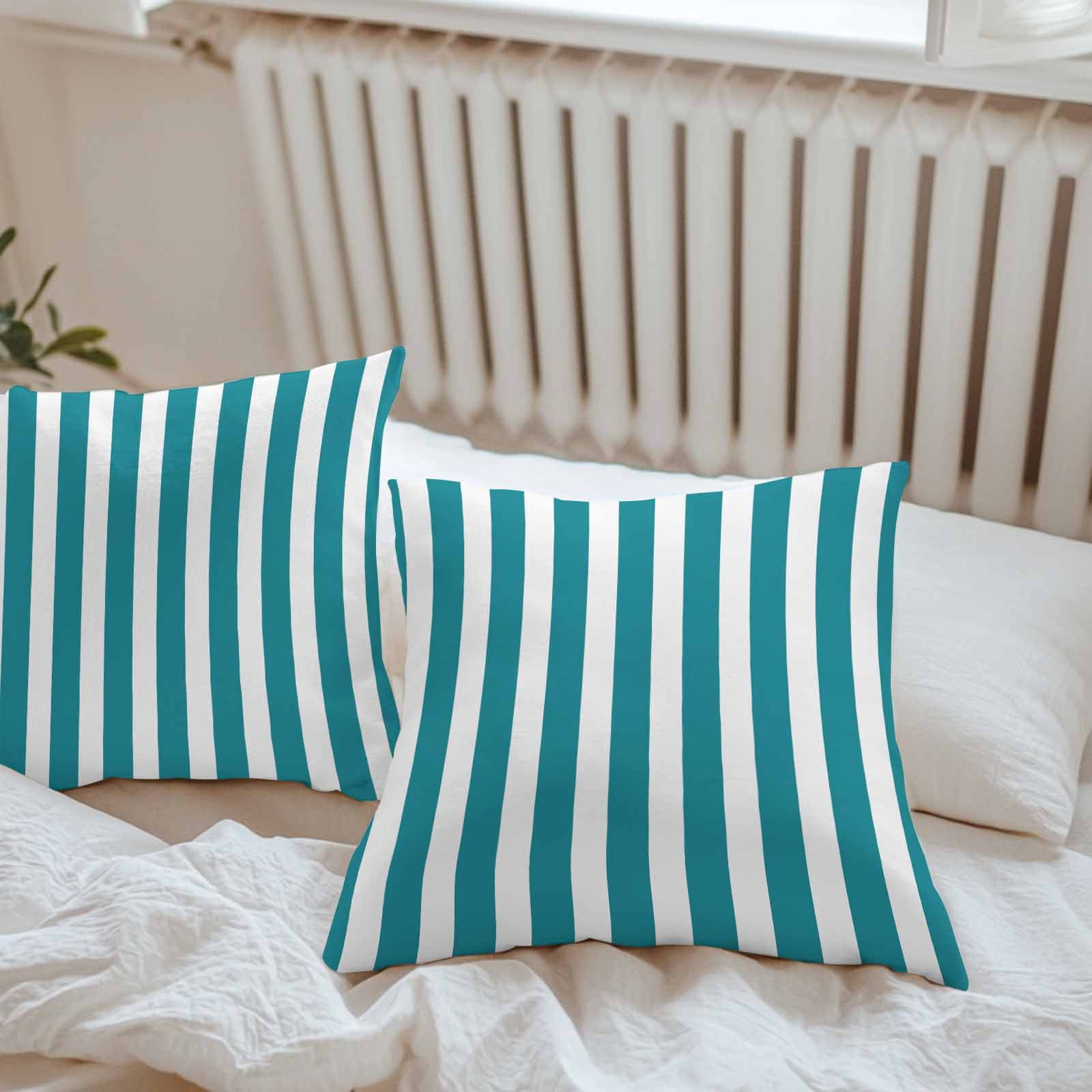 Waterproof Throw Pillow Covers Set of 2, 18x18 Inch Teal Striped Decorative Pillowcases Outdoor Pillow Slip Cushion Covers Set for Couch Tent Simple Art Vertical Stripe Farmhouse