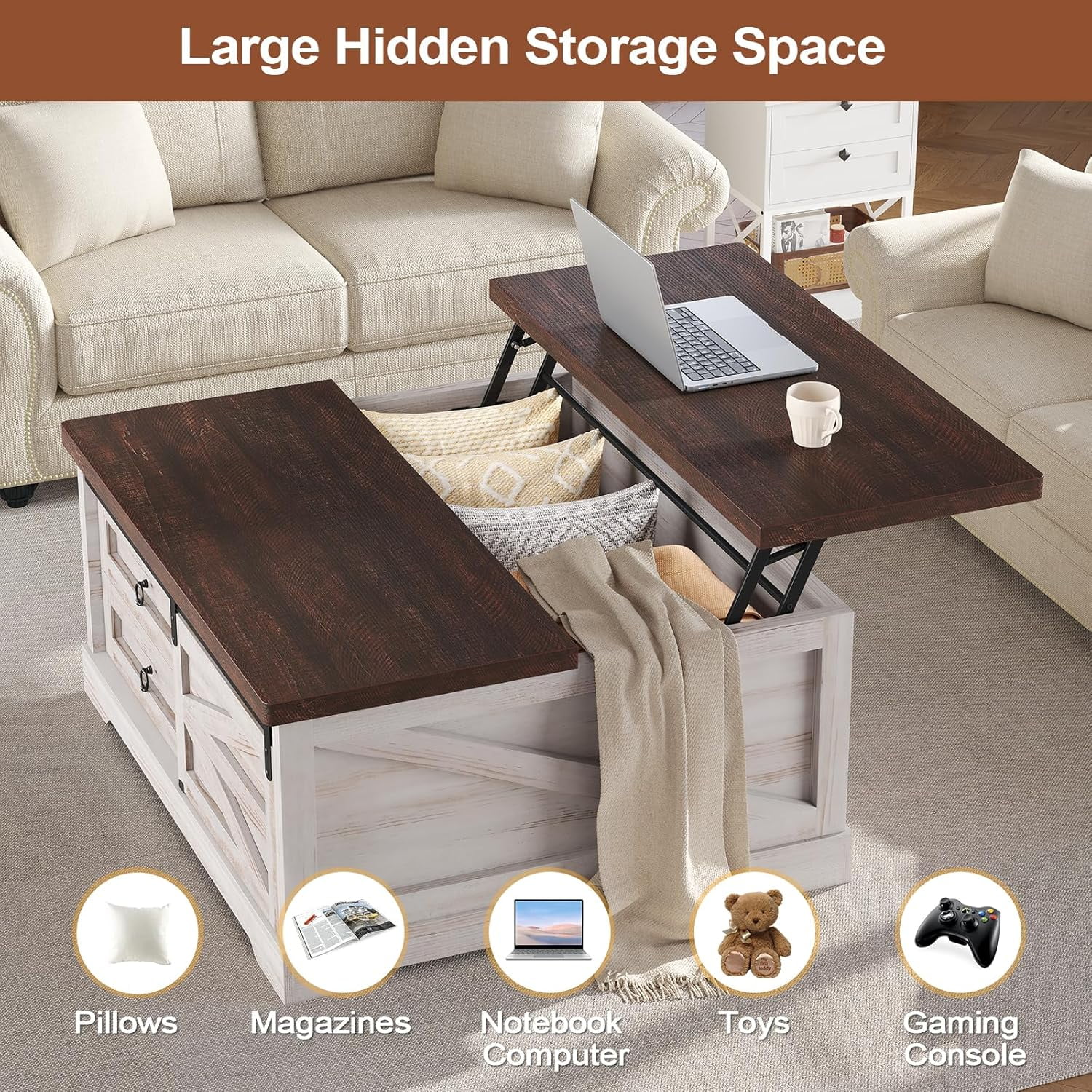 39.4" Lift-Top Coffee Table with Storage, Farmhouse Square Coffee Table with Drawers, Sliding Door and Hidden Storage Compartment, Center Table Gaming Station or Workspacefor Living Room, White