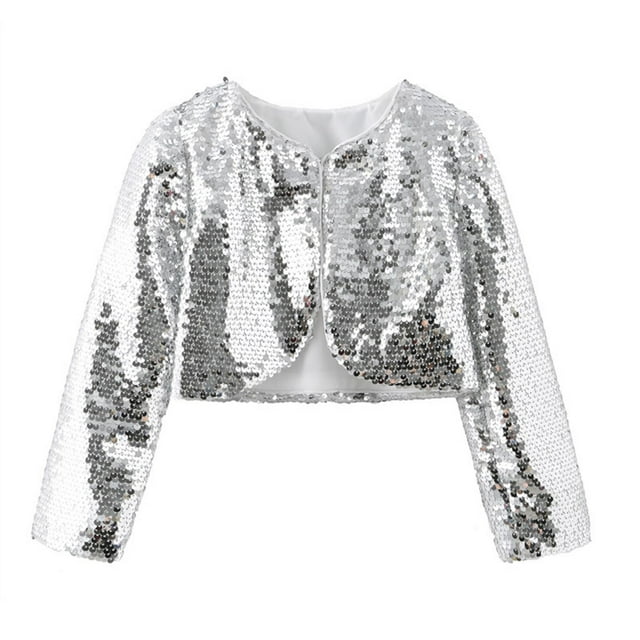 PMVFHDE Veste à Sequins Brillants pour Filles Cardigan Chandail Robe Fleur Manteau Col Rond Manches Longues Crop Tops Brillants, Argent, 6-7 Ans