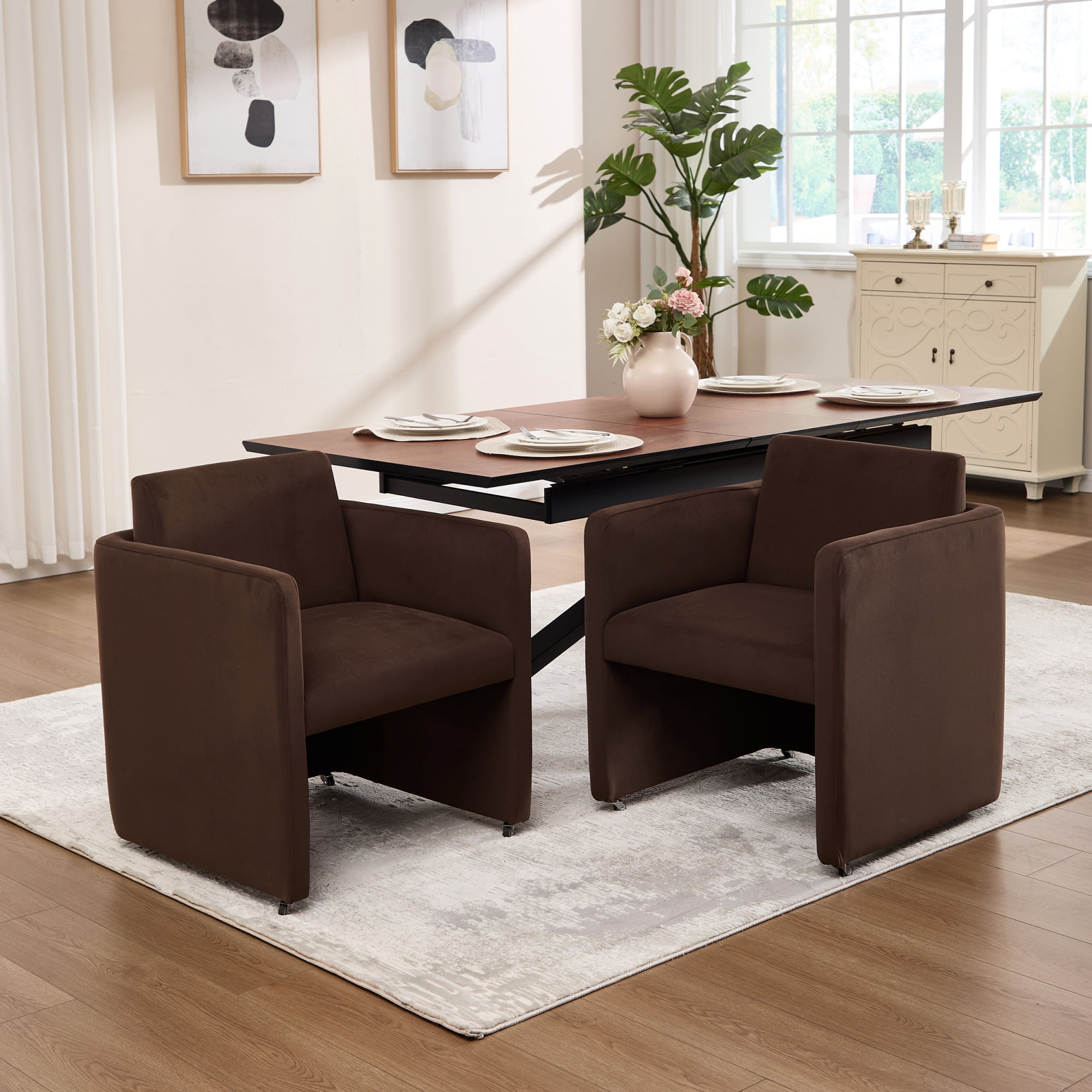 Leumius Modern Barrel Dining Chair, Accent Kitchen Chair with Arms Comfy Velvet Fabric, Side Chair for Living Room Home Office Reception, Chocolate