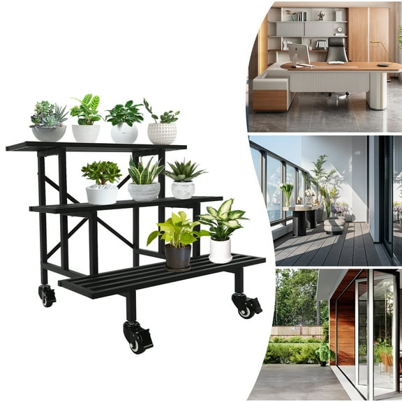 Wildnix Sturdy 3-Tier Black Metal Plant Stand with  Wheels, 660lbs Capacity, Perfect for Indoor and Outdoor Greenery Display