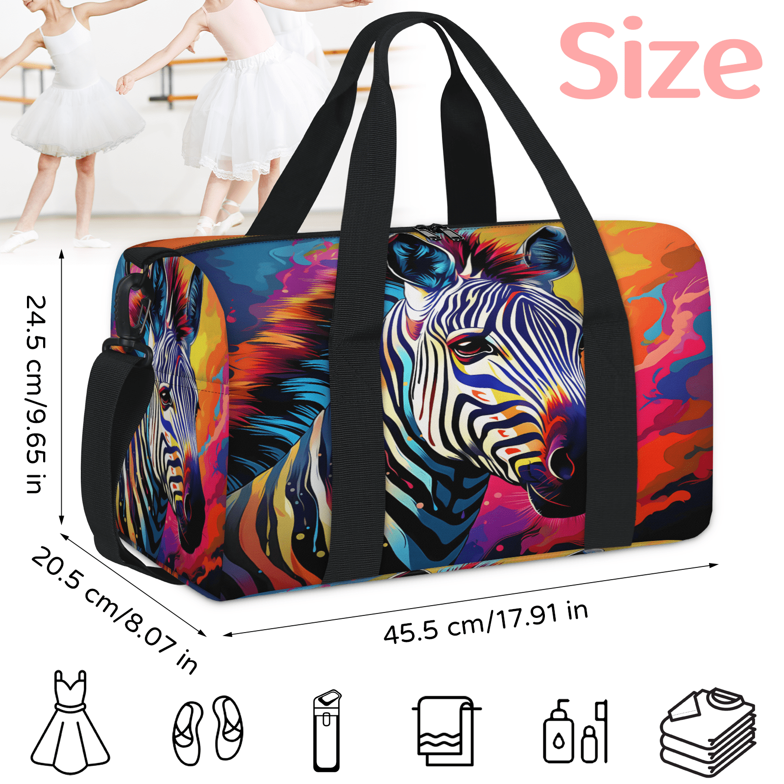 Herdesigns Colorful Zebra Gym Bag for Women, Duffle Bag for Travel Sport, Lightweight Waterproof Carry on Weekender Overnight Dance Yoga Workout Bags