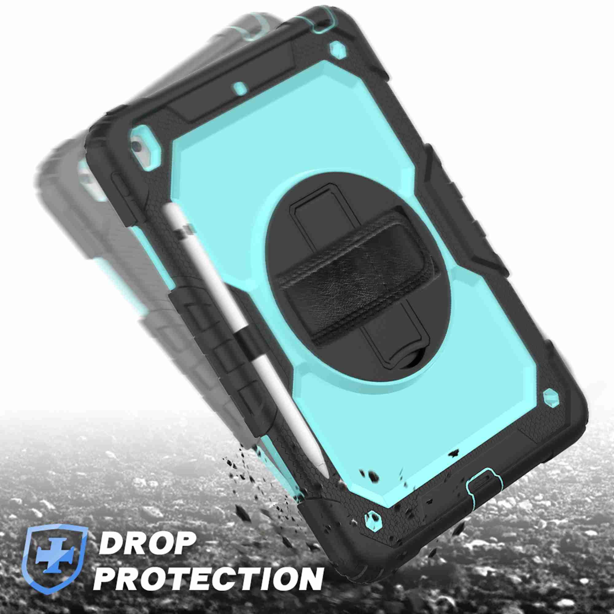 Dteck iPad 9th/ 8th/ 7th Generation Case (iPad 10.2 Case 2021/ 2020/2019) with Screen Protector Pencil Holder Kickstand Hand/ Shoulder Strap,Durable Protective Case for iPad 10.2 inch,black+lightblue