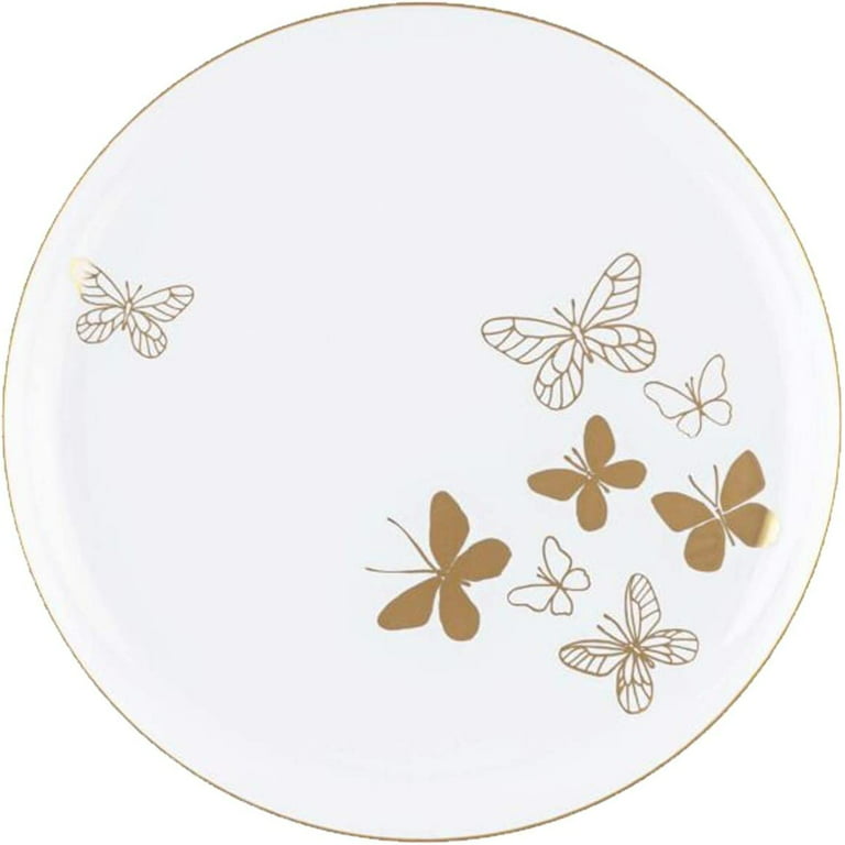 20 PACK) EcoQuality 6 inch Round White Plastic Plates with Gold Butterfly  Design - Disposable China Like Party Plates, Small Heavy Duty Dessert Plates,  Salad Plate, Dinner, Wedding, Serveware 