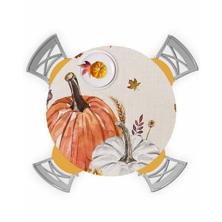 

Round Tablecloth with Elastic Fall Thanksgiving Orange White Pumpkin Botanical Maple Leaves Waterproof Stain-proof Table Cover Wipeable Fitted Table Cloths for 36 -44 Round Tables Dining Kitchen