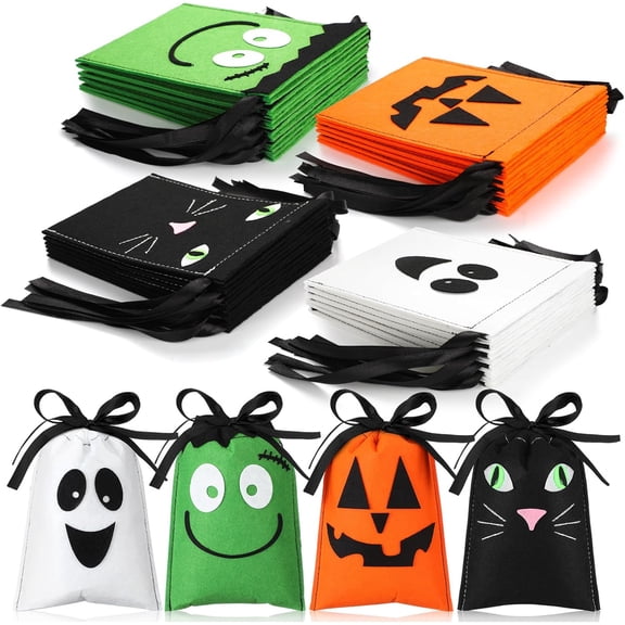 Voglyf Halloween Felt Treat Bags 5''x7'', Handmade Pumpkin Ghost Cat Monster Candy Treat Pouches, Portable Trick Or Treat Gift Sacks For Holiday Party Kids Favors Decoration(1PCS,Green)