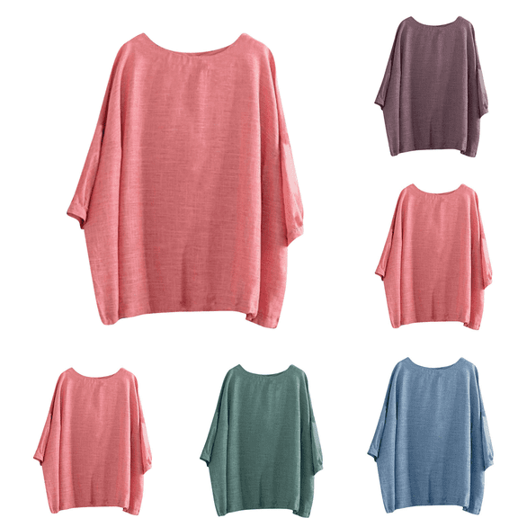 Inverlee Womens 3/4 Sleeve Cotton Linen Tee Tops Summer Trendy Plus Size Solid Shirts Casual Baggy Round Neck Tshirts