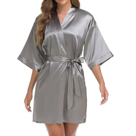 

wendunide dresses for women 2023 Women s Short Kimono Robe Silky Satin Bathrobe Bride Bridesmaids Getting Ready Sleepwear Soft Nightgown Grey