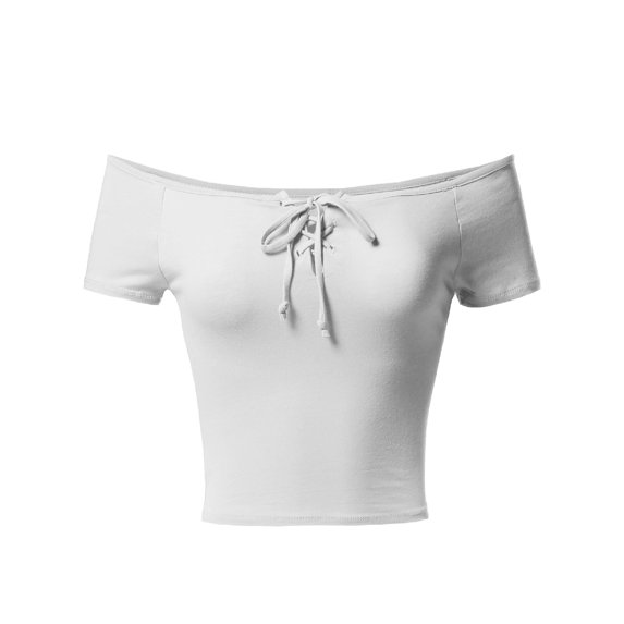 FashionOutfit Women's Solid Cap Sleeves Front Lace Up Detail Crop Top