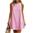 thumbnail image 2 of Wovilon Women's Sleeveless Round Neck Gingham Mini Dress, A-Line Relaxed Fit Casual Summer Tunic, Back Button Detail Cotton Loose Short Shift Dress for Beach Vacation Holiday Daily Wear, 2 of 9