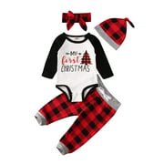 4Pcs Christmas Outfit Set Baby Boy Girl My First Christmas Romper Long Sleeve Jumpsuit Plaid Pants with Hat Headband
