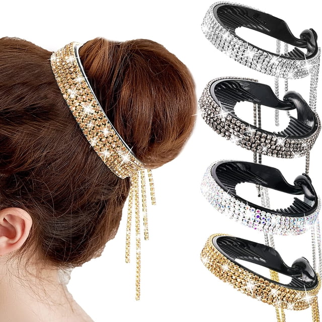 Paquete de 4 clips para el cabello Antideslizante Glitter Rhinestone accesorios para el cabello Nido de medio globo Expansión Jeweled Claws Cola de caballo Chignon Twist Rhinestone Bun Cover Clip de