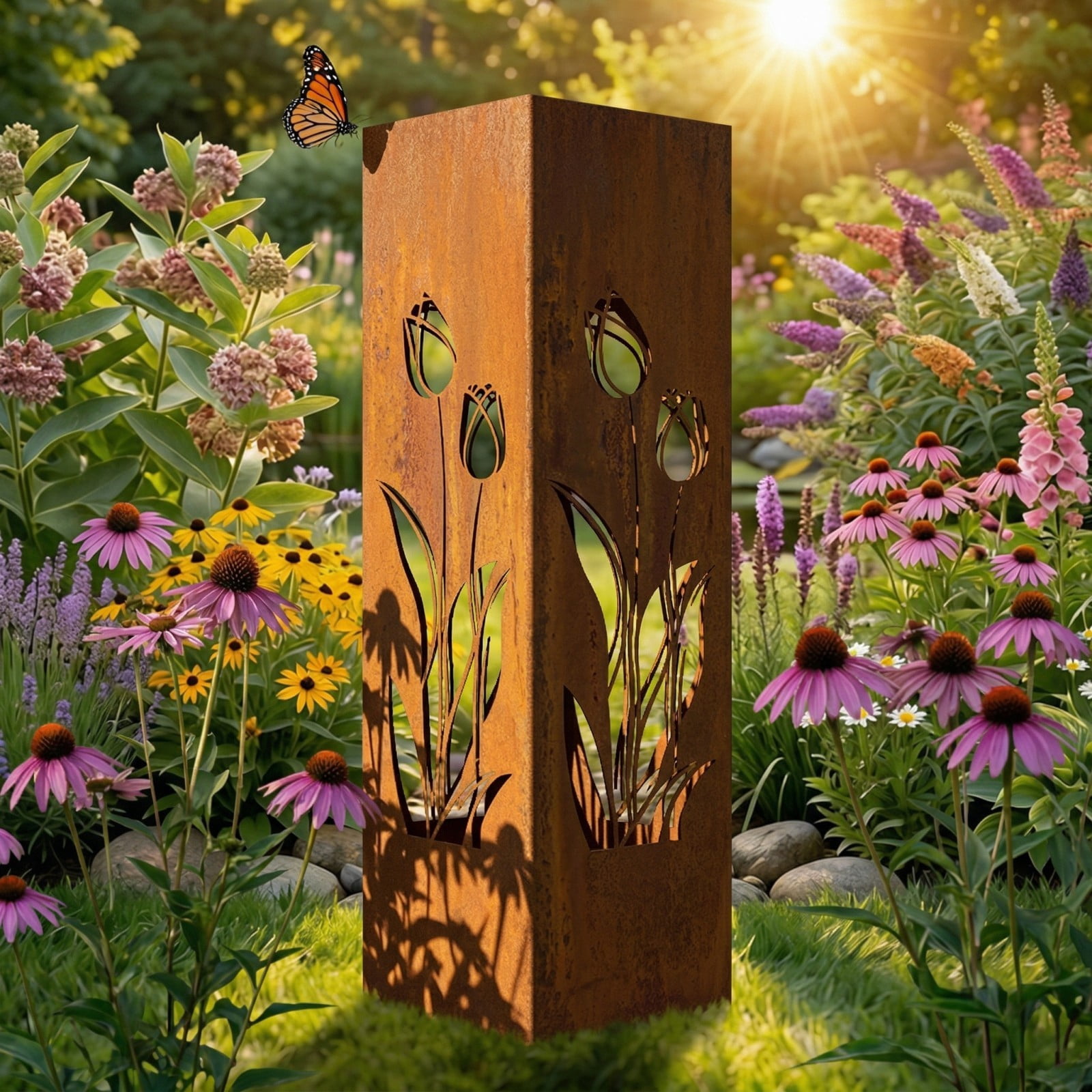 Rustic Pineapple Garden Column Outdoor Metal Sculpture, Modern Yard Statues, Decorative Light Cover, Patio Accent, Weather-Resistant Pineapple Column for Summer Garden, Pathway, Entryway, B