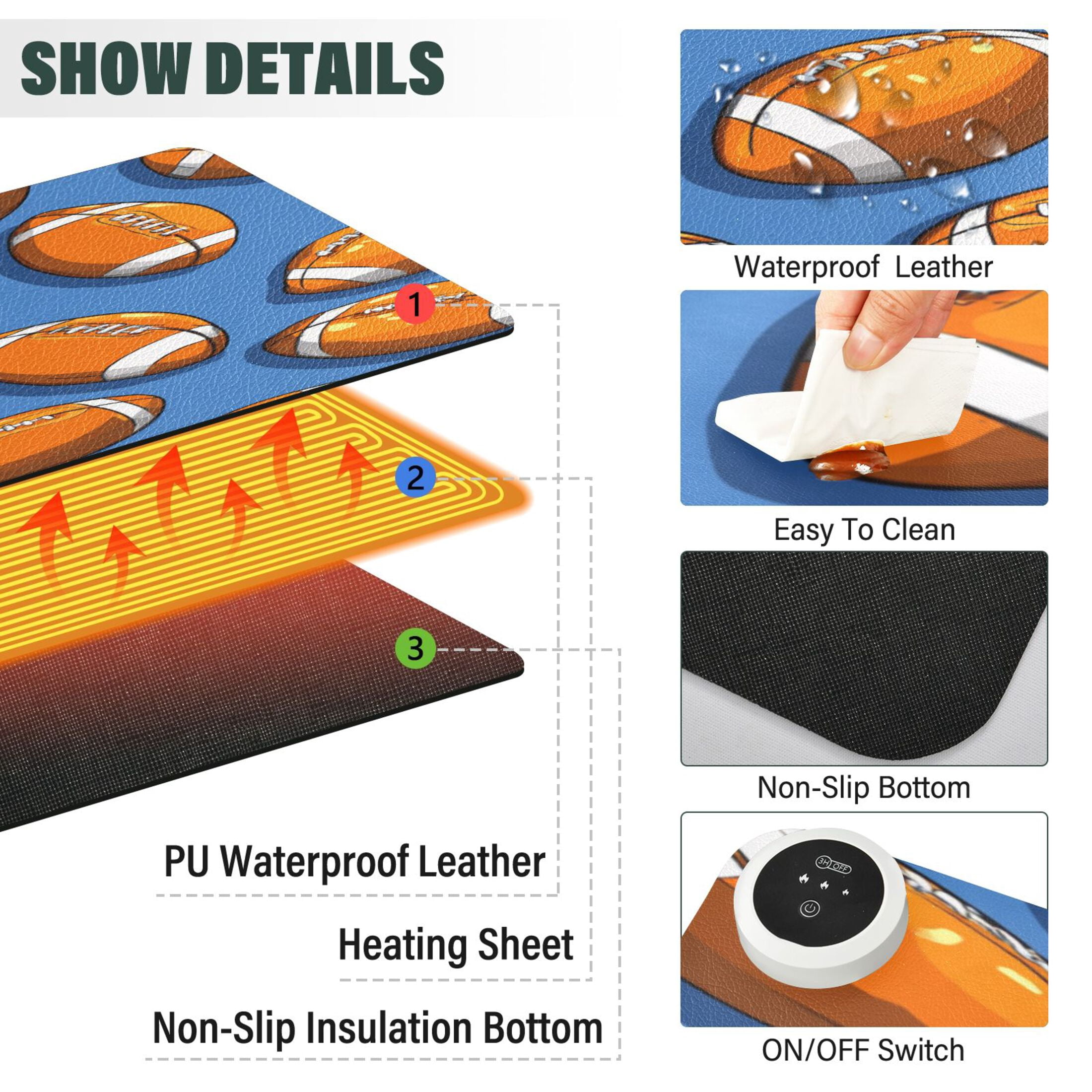 Large Heated Desk Mat Mouse Pad 31.5"x13"PU Leather Graphene Heating Desk Warmer with 3 Temperature Settings 110V US Plug Non-Slip Warm Pad for Home, Office, and Gaming Dark Blue Background Rugby