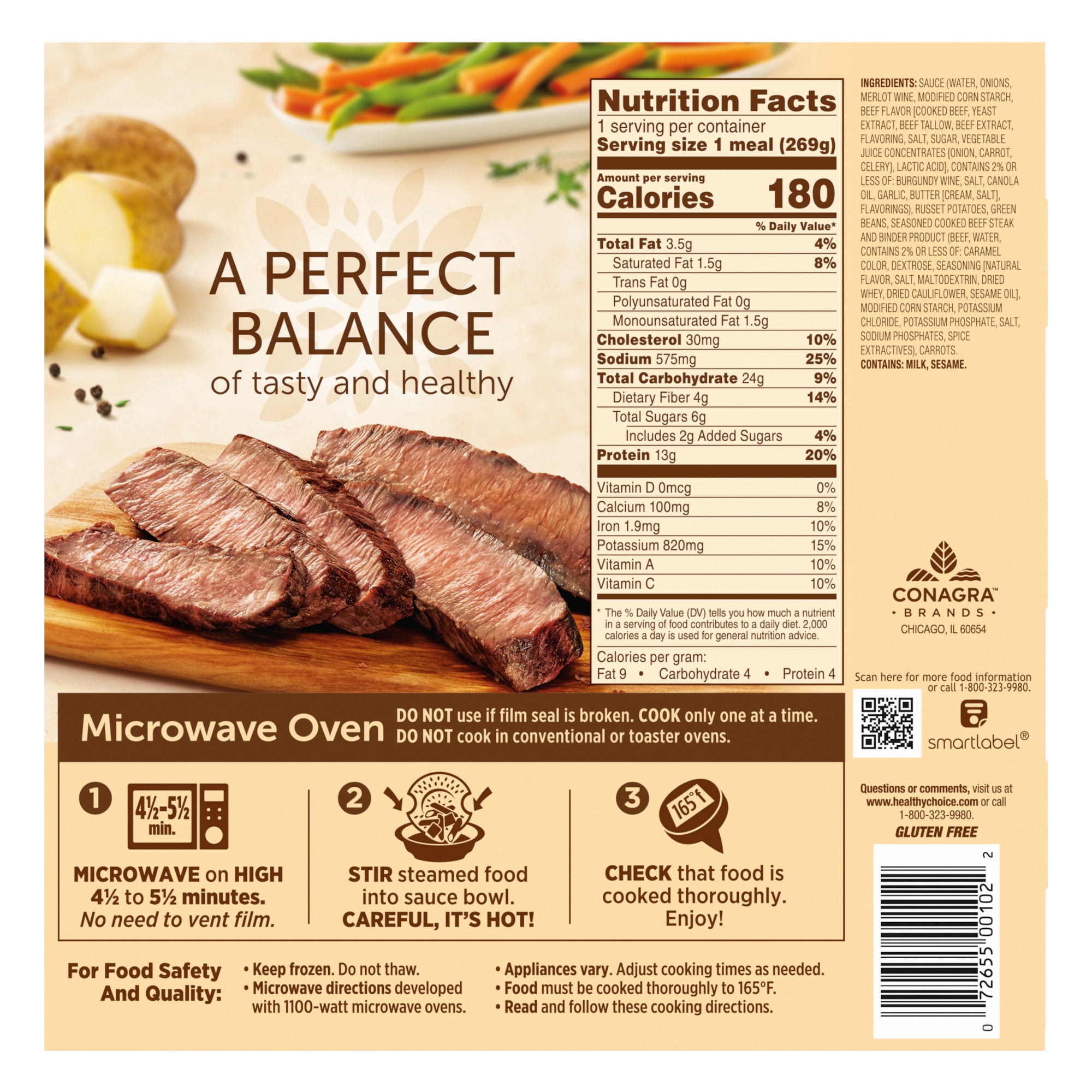 Healthy Choice Cafe Steamers Beef Merlot, High Protein Frozen Meal, 9.5 oz. Bowl