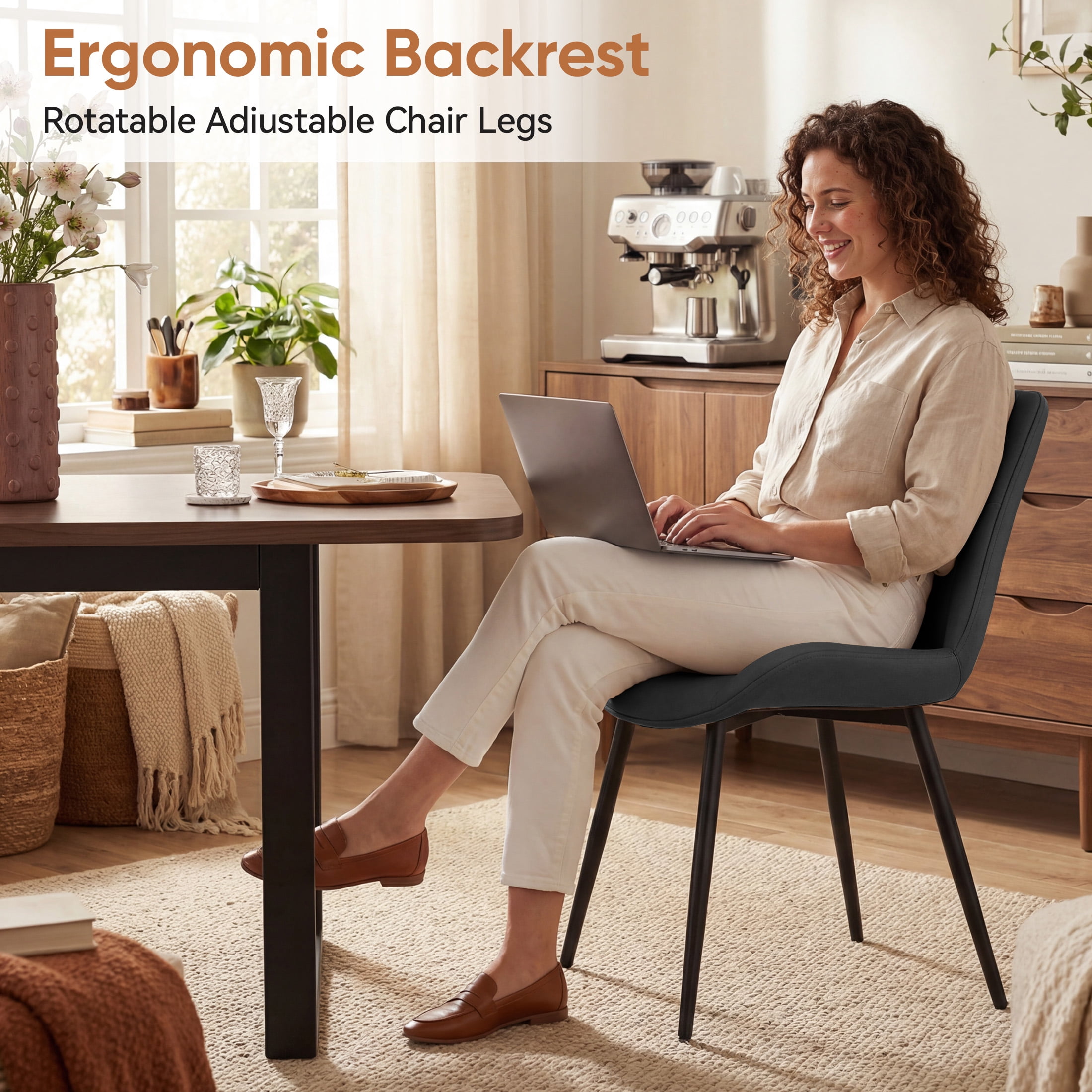 MOONMISS Dining Chair Set of 2,Upholstered with Ergonomic Backrest Metal Legs for Kitchen Office Reading,Black