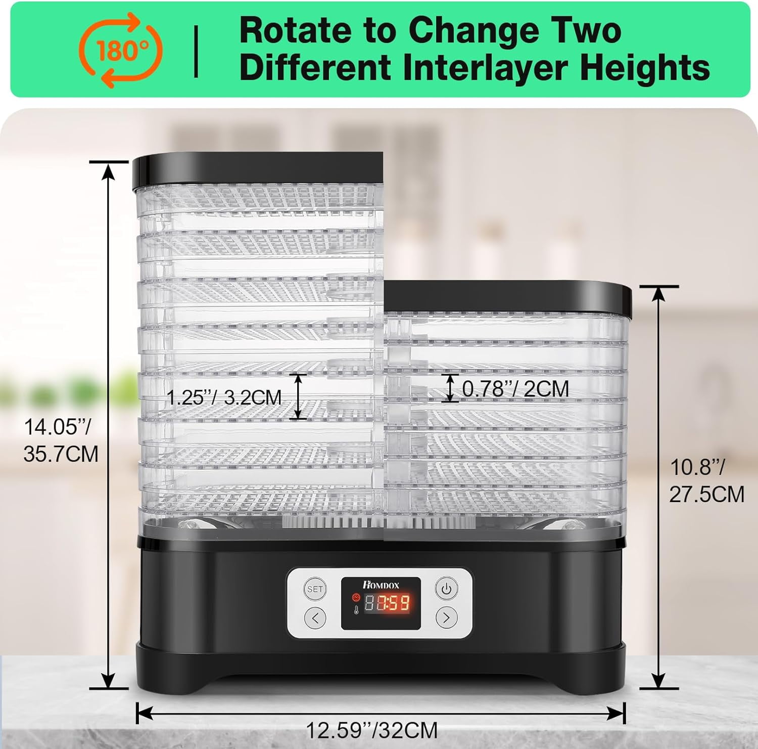 Qhomic Electric 400W 8 Trays Food Dehydrator Machine with Fruit Roll Sheet,  Digital Timer, and Temperature Control for Meat or Beef Fruit Vegetable  Dryer 