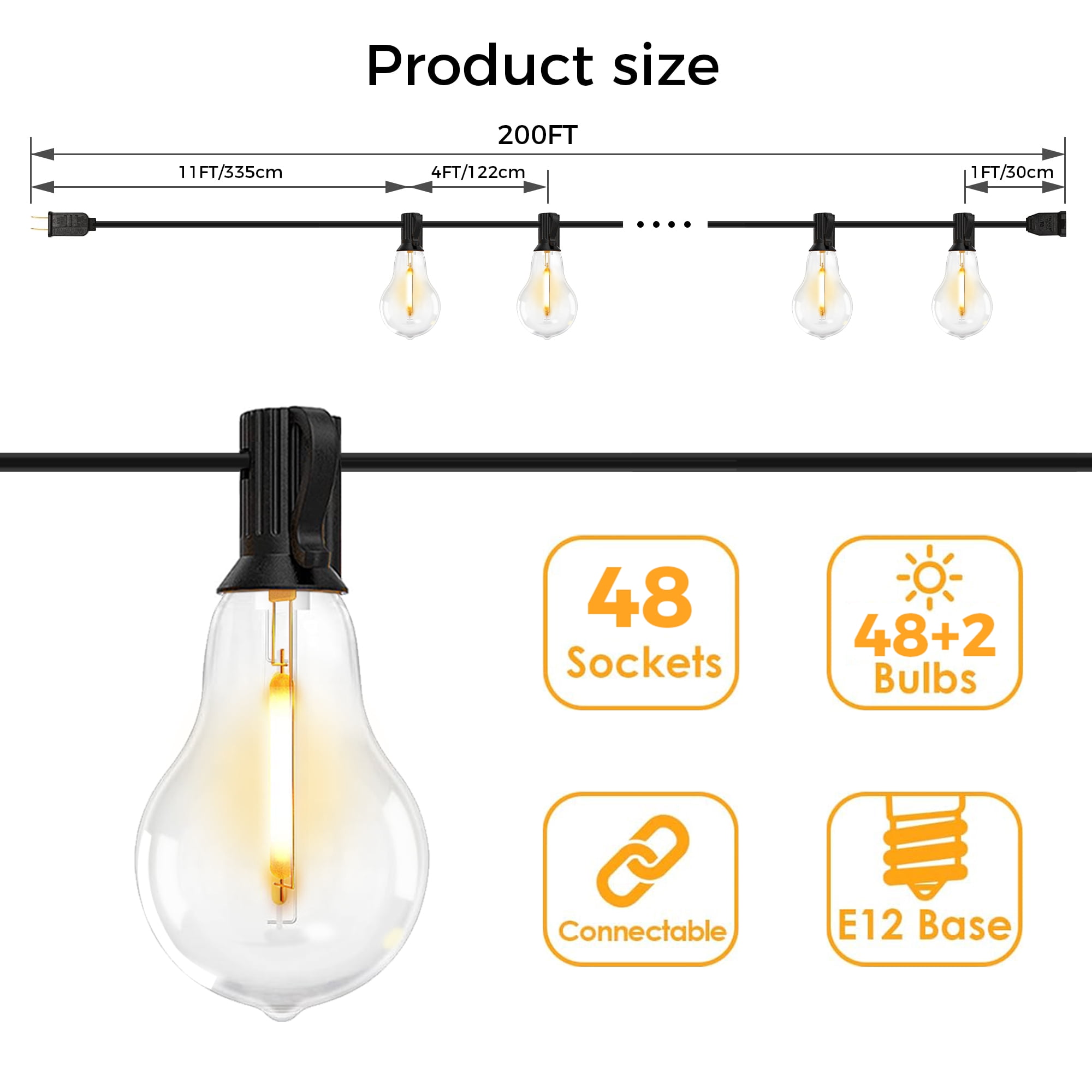 DAYBETTER 200FT Outdoor String Lights, Waterproof Patio Lights with 48 Hanging Lights A39 Bulbs, Shatterproof for Backyard Gazebo Porch Garden Outside Decor