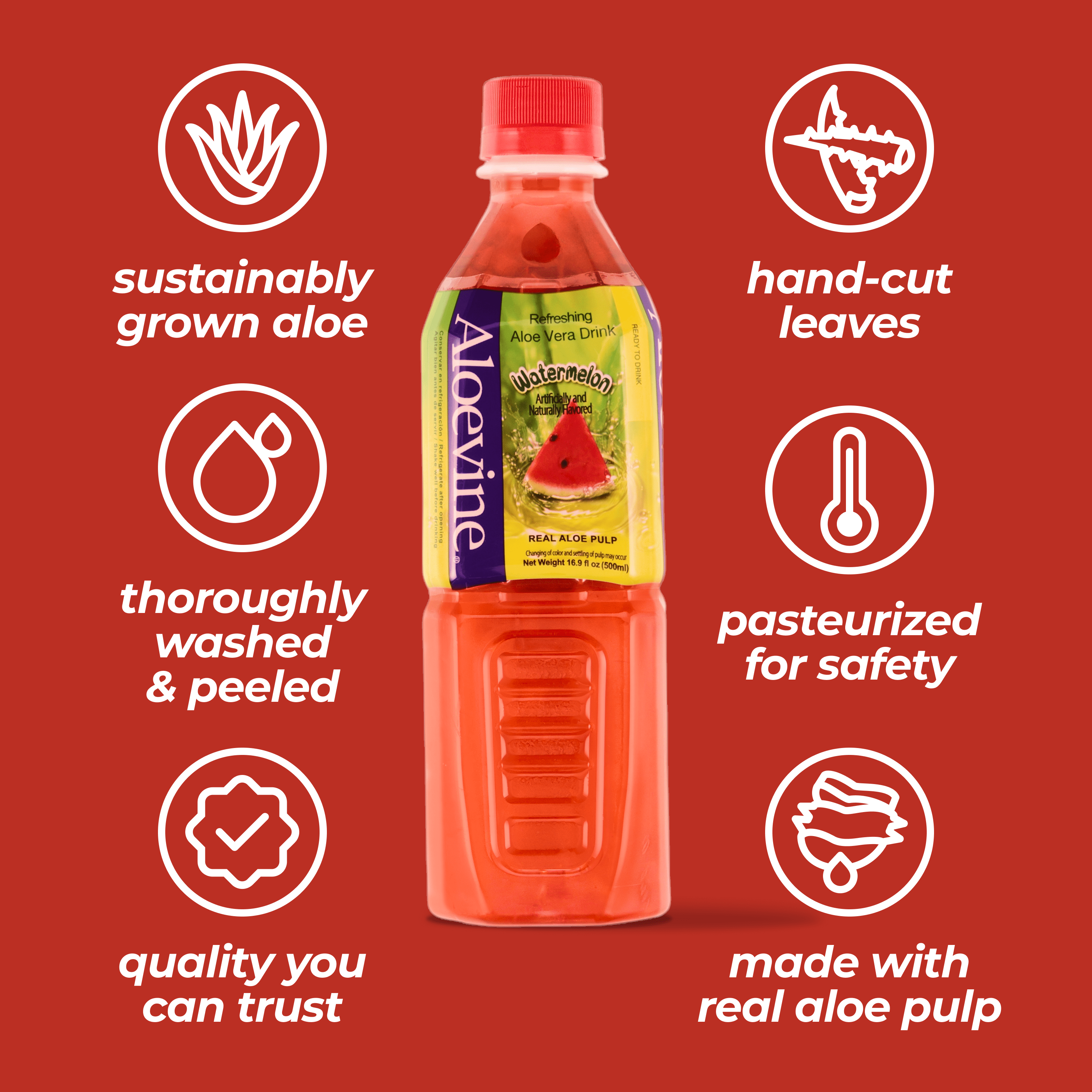 Aloevine Watermelon Aloe Vera Drink with Aloe Pulp, 16.9 fl oz, 10 Count Bottles