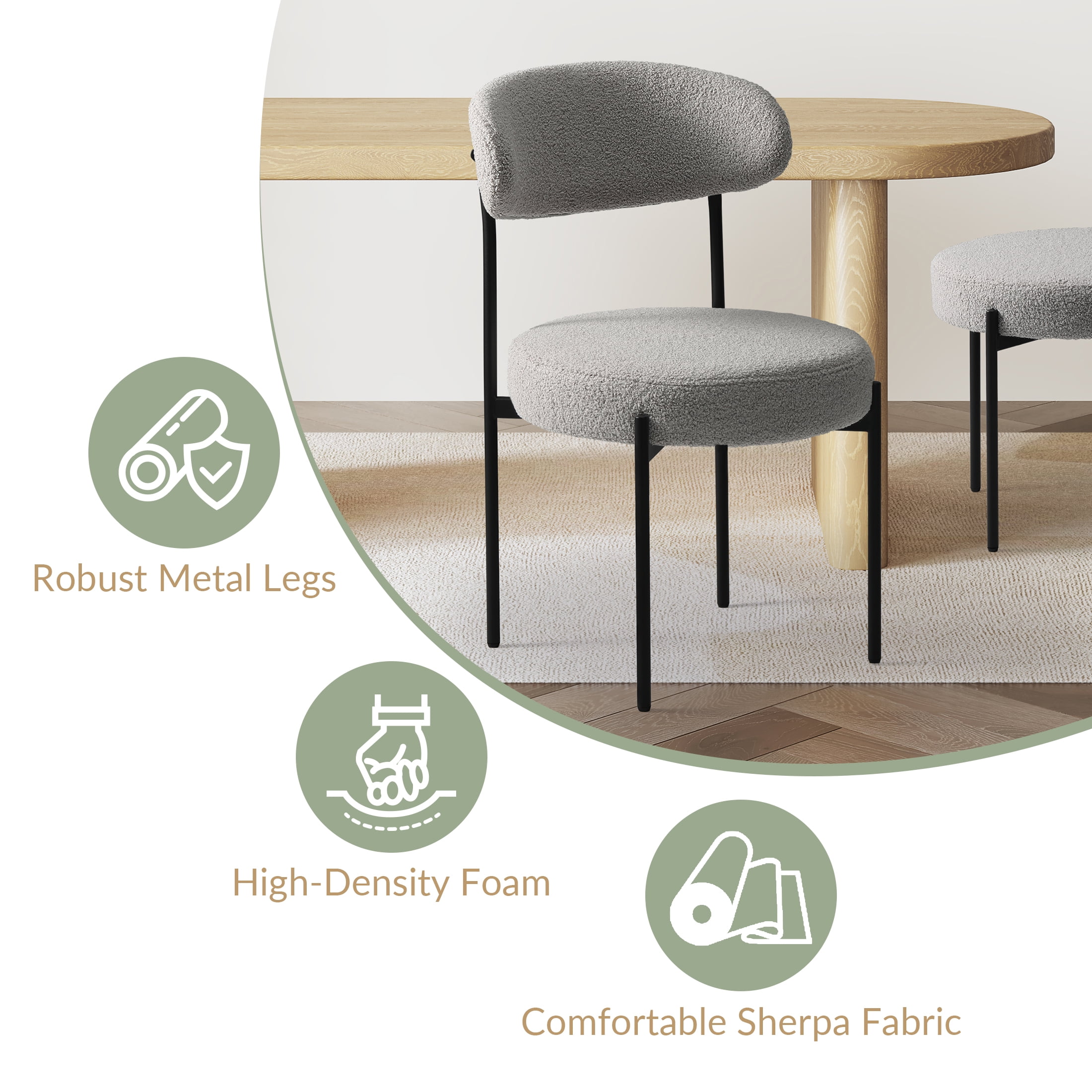 WestinTrends Alexandria Mid-Century Modern Upholstered Sherpa Round Dining Chairs (Set of 6), Light Gray
