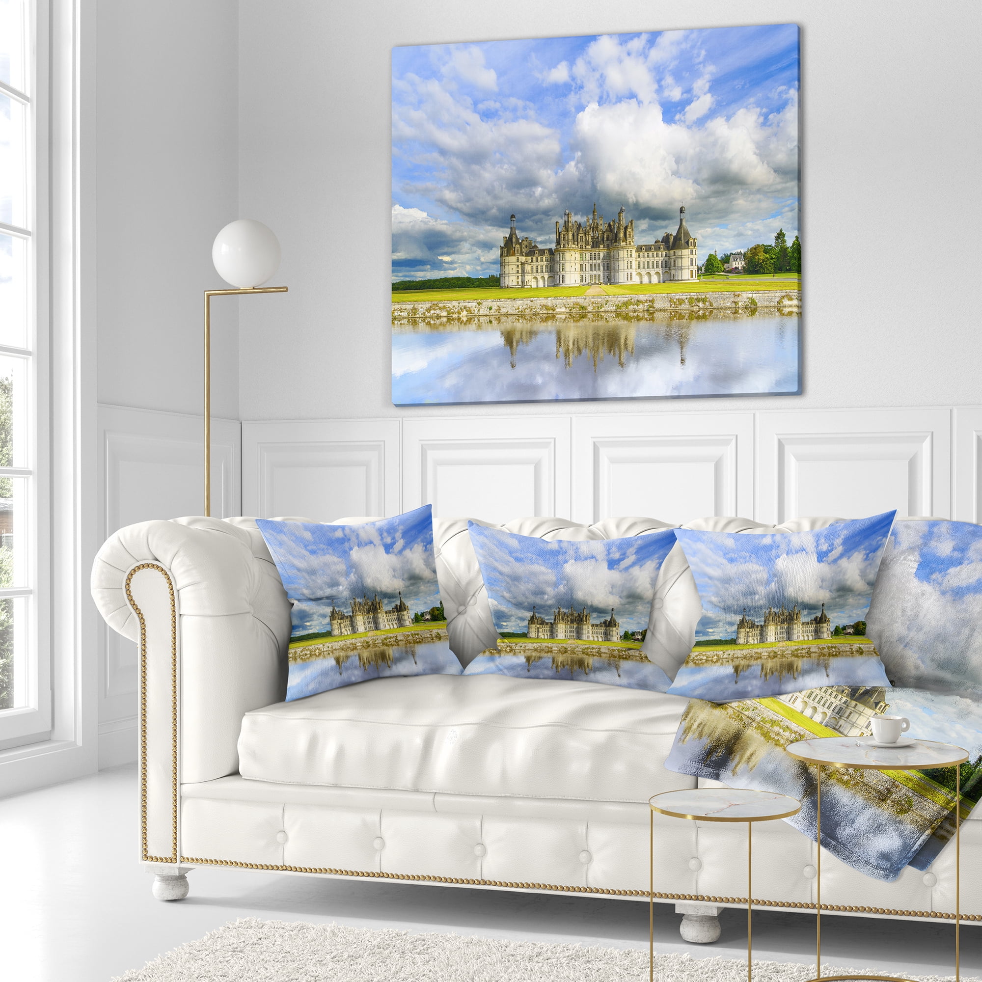 Designart Chateau De Chambord Castle and Reflection - Seashore Throw Pillow - 16x16