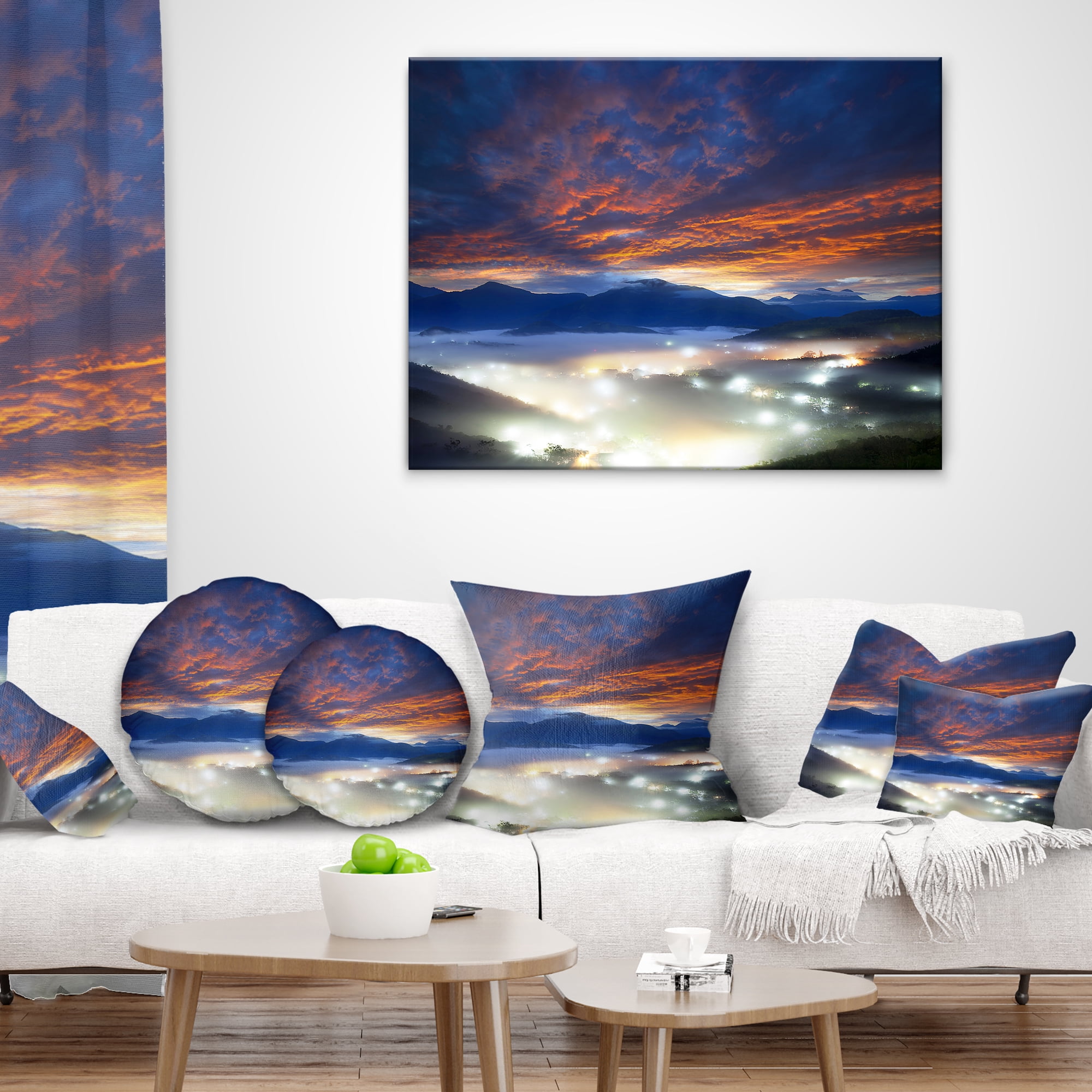 Designart Fiery Clouds and Lit up Villages - Landscape Photo Throw Pillow - 16x16