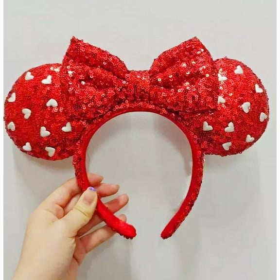 NEW Fashion Cartoon Minnie Ears Love Heart Sequin Bow Headbands Red