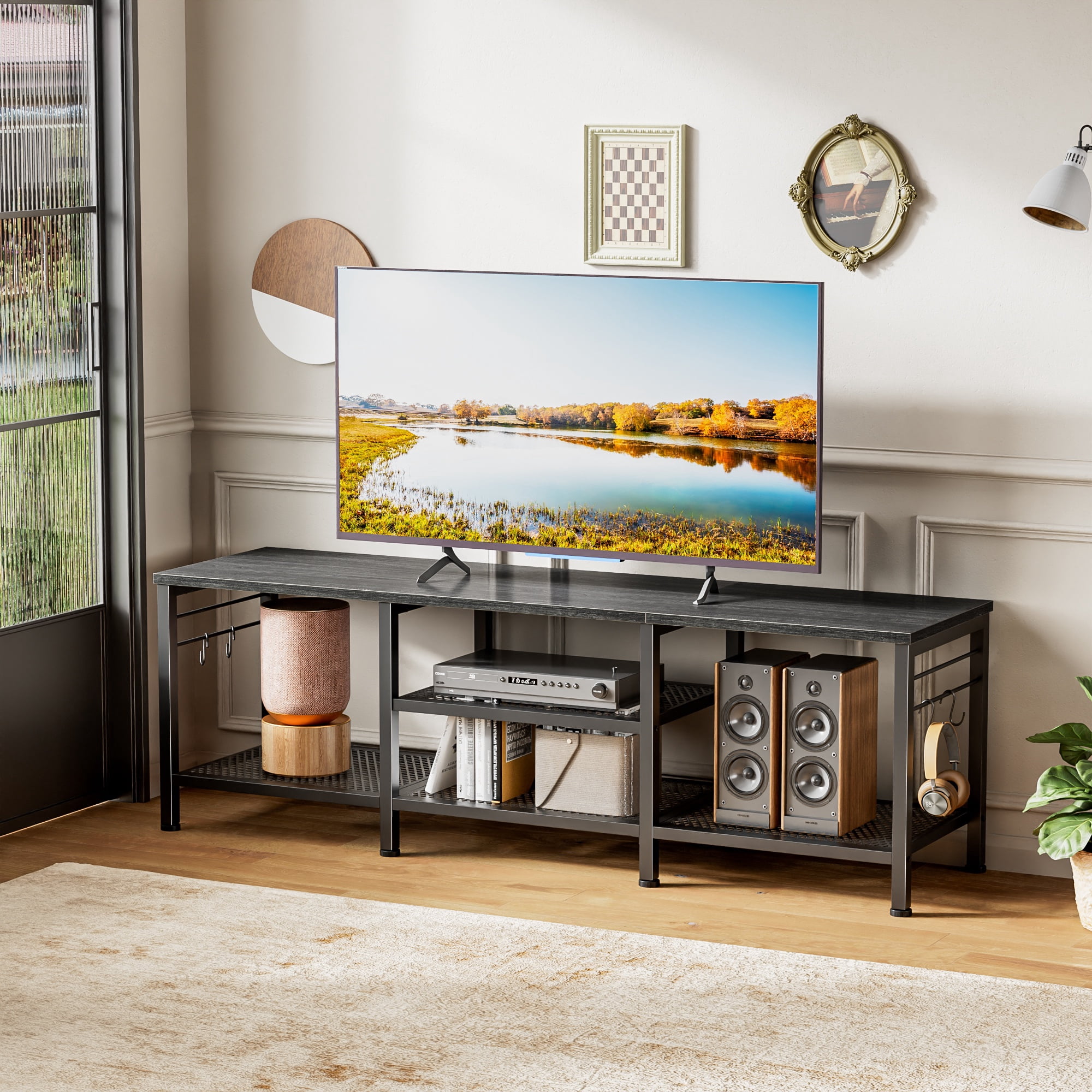 Tydimor Modern TV Stand for TVs up to 65" TVs, Media Console Table for Living Room, Entertainment Center with Storage, Light Black Oak