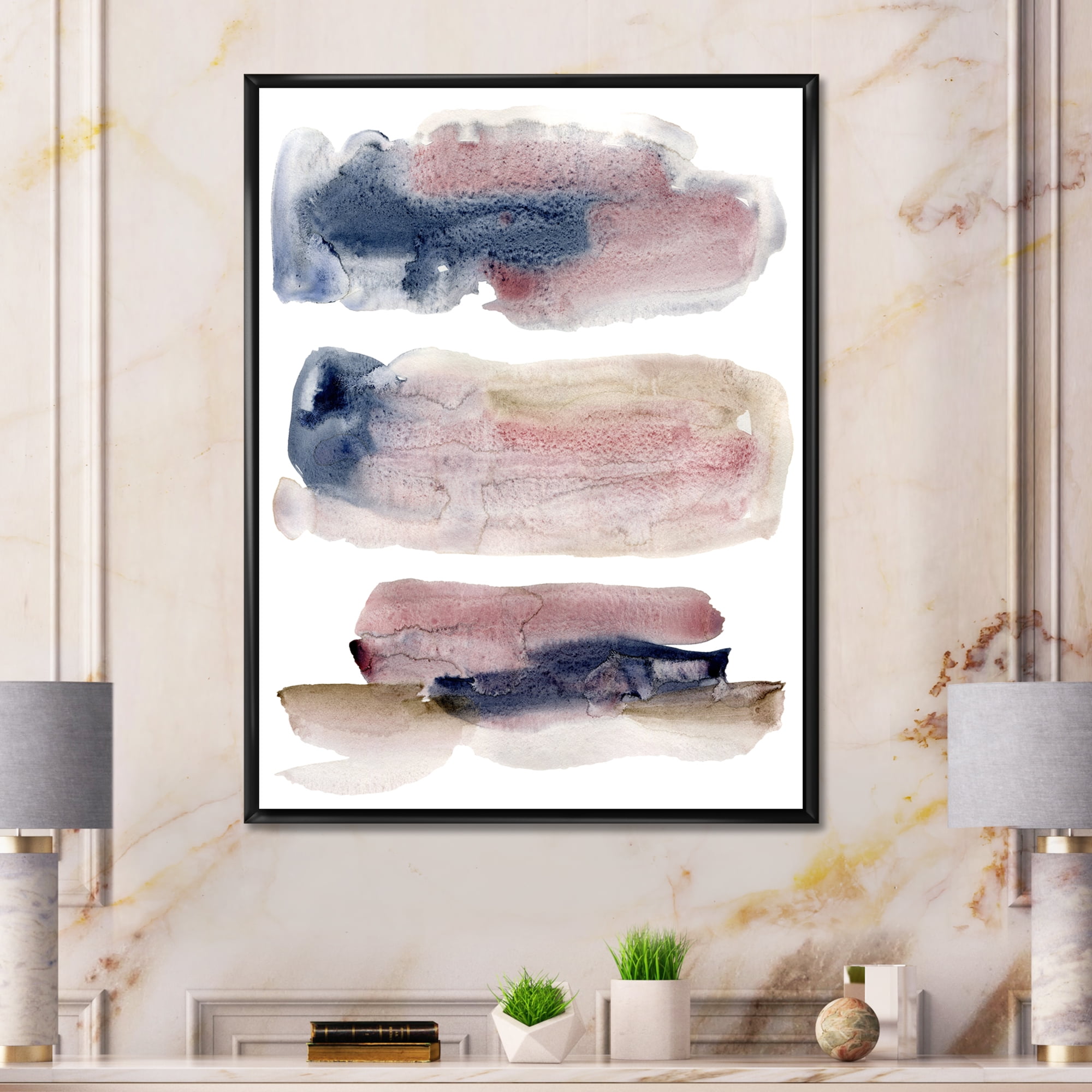 Designart 'Beige Blue and Pink Clouds' Modern Framed Canvas Wall Art Print