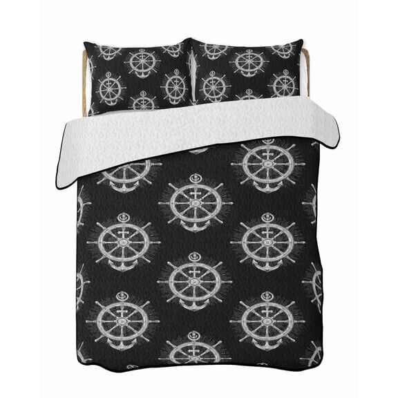 Quilts Queen Size Bedding Set, Nautical Anchor Reversible Summer Quilt 3 Pieces, Coastal Ocean Sea Textured Black Lightweight Bedspreads Coverlets with 2 Pillow Shams for All Seasons