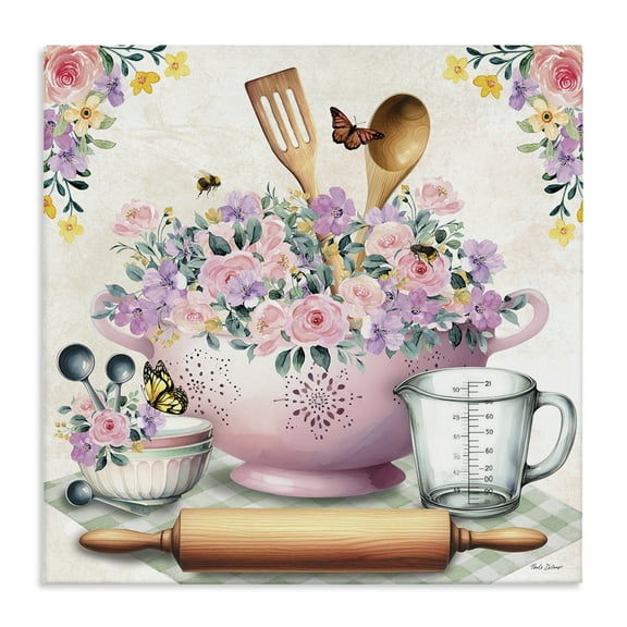 Stupell Industries Pink Florals & Utensils Food & Beverage Painting Wrapped Canvas Art Print Wall Art, 17 x 17