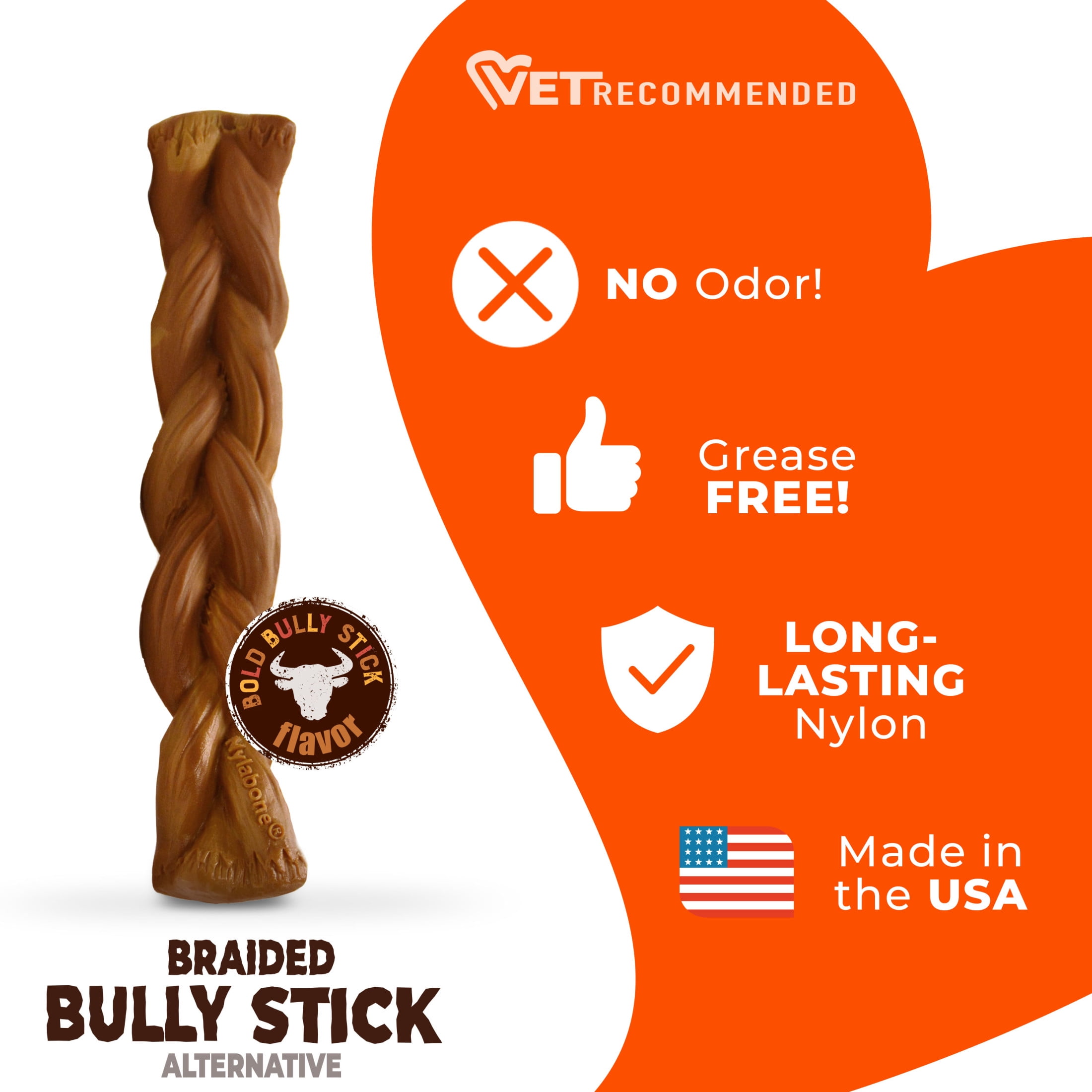 (4 pack) Nylabone Power Chew Braided Bully Stick Alternative Dog Toy, Dog Chew Toy, Bully Stick Flavor, Large, 1 Count