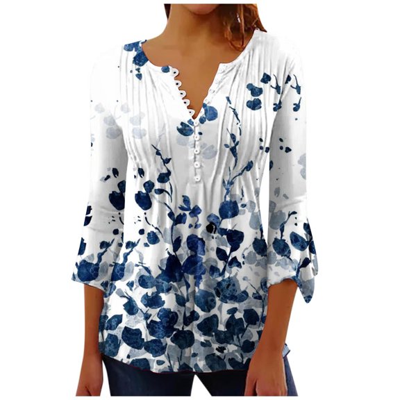 IROINNID Women's Casual 3/4 Sleeve Tops Round Neck Printed Buttoned Basic Pleated Loose Blouse Breathable Summer T-shirts, Blue