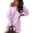 thumbnail image 4 of Cilcicy Women Plush Solid Color Loose Slash Neck Street Trendy Pullover Short Length Dress, 4 of 5