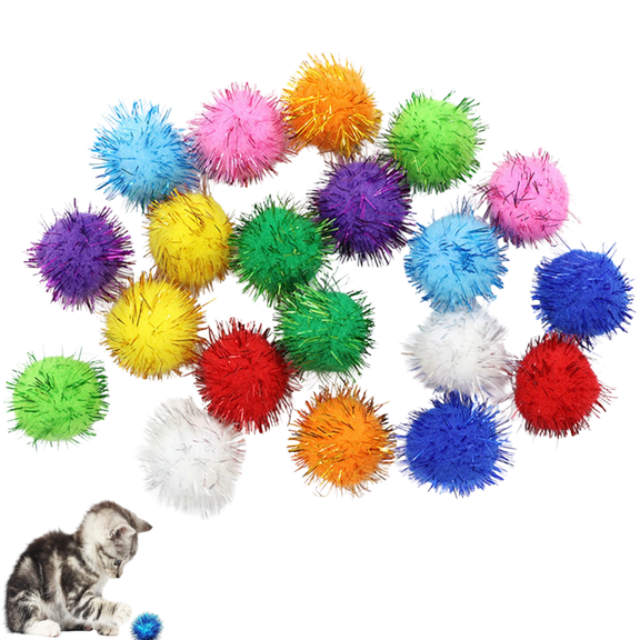 20PCs 1.18 Inch Assorted Color Glitter Cat Pom Pom Balls, Sparkly Kitten Chase Toy Balls for Indoor Cats Daily Interactive Play
