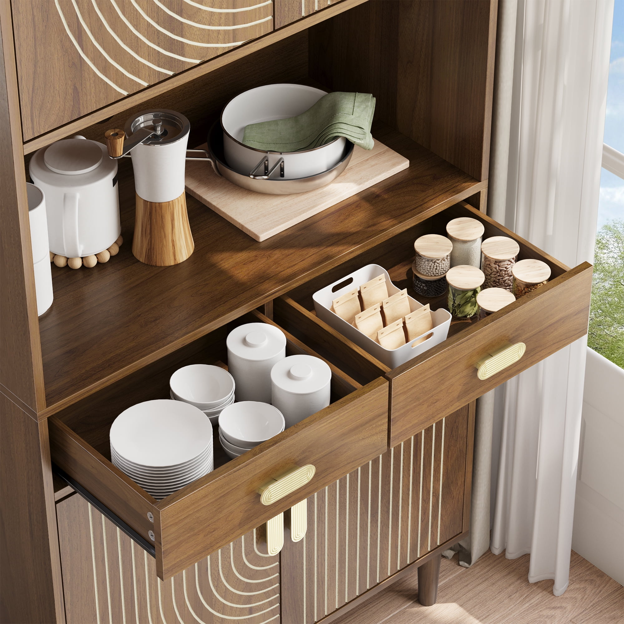 Semiocthome Pantry Storage Cabinet with Line Groove Design and Microwave Stand, Kitchen, Walnut