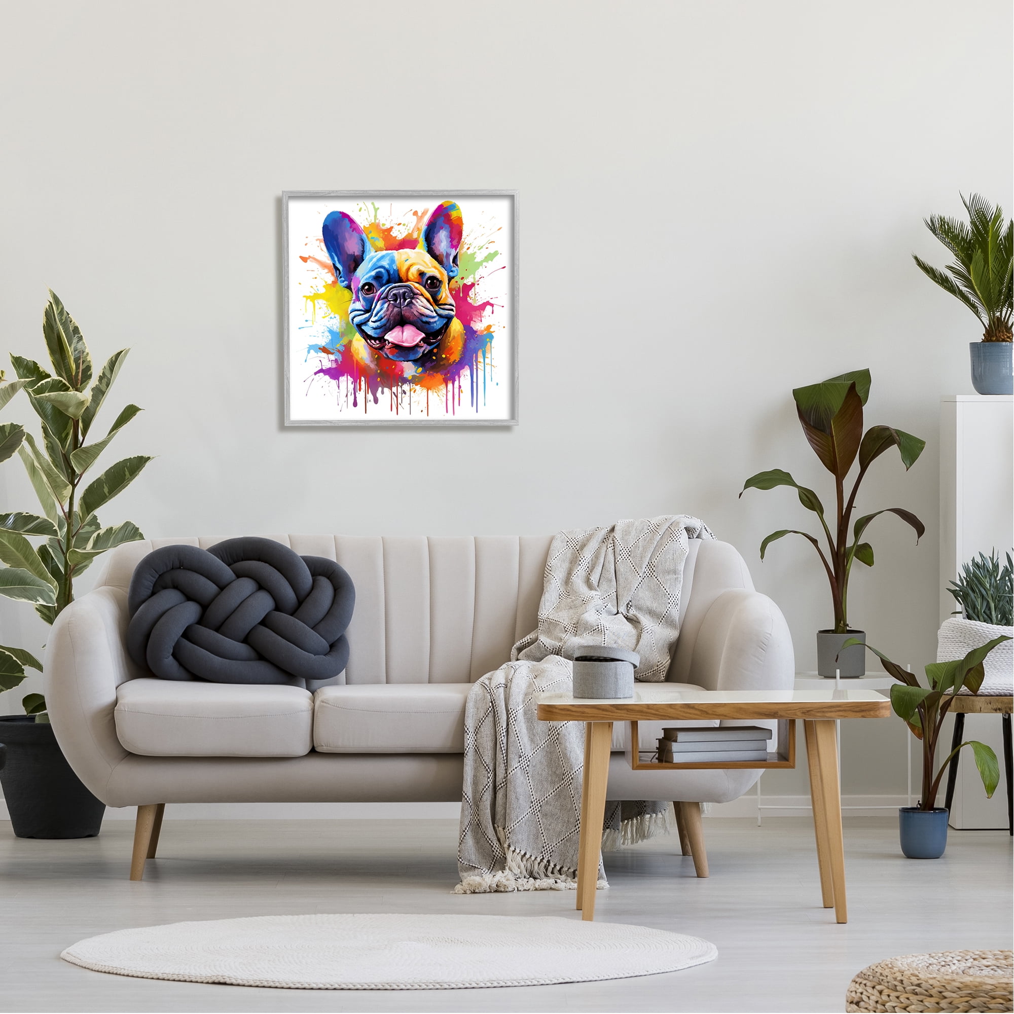 Stupell Industries French Bulldog Modern Splash Animals & Insects Painting Gray Framed Art Print Wall Art, 24 x 24