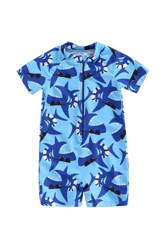 Toddler Baby Boys One-Piece Rush Guard Short Sleeve Cartoon Animal Print Zipper Romper Swimsuit Summer Sun Protection Bathing Suit Beachwear 6M-5T