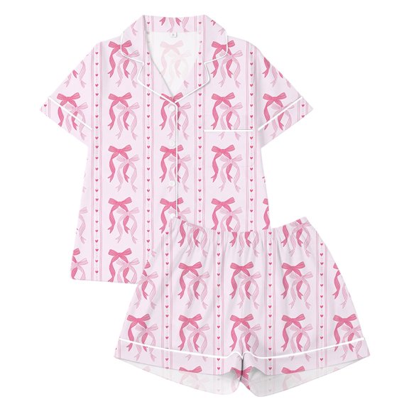 RUTAYY Girls Pajama Set Bow Heart Stripe Graphic Button Down Lapel Collar 2 Piece Sleepwear Home Sleep Outfit Pink