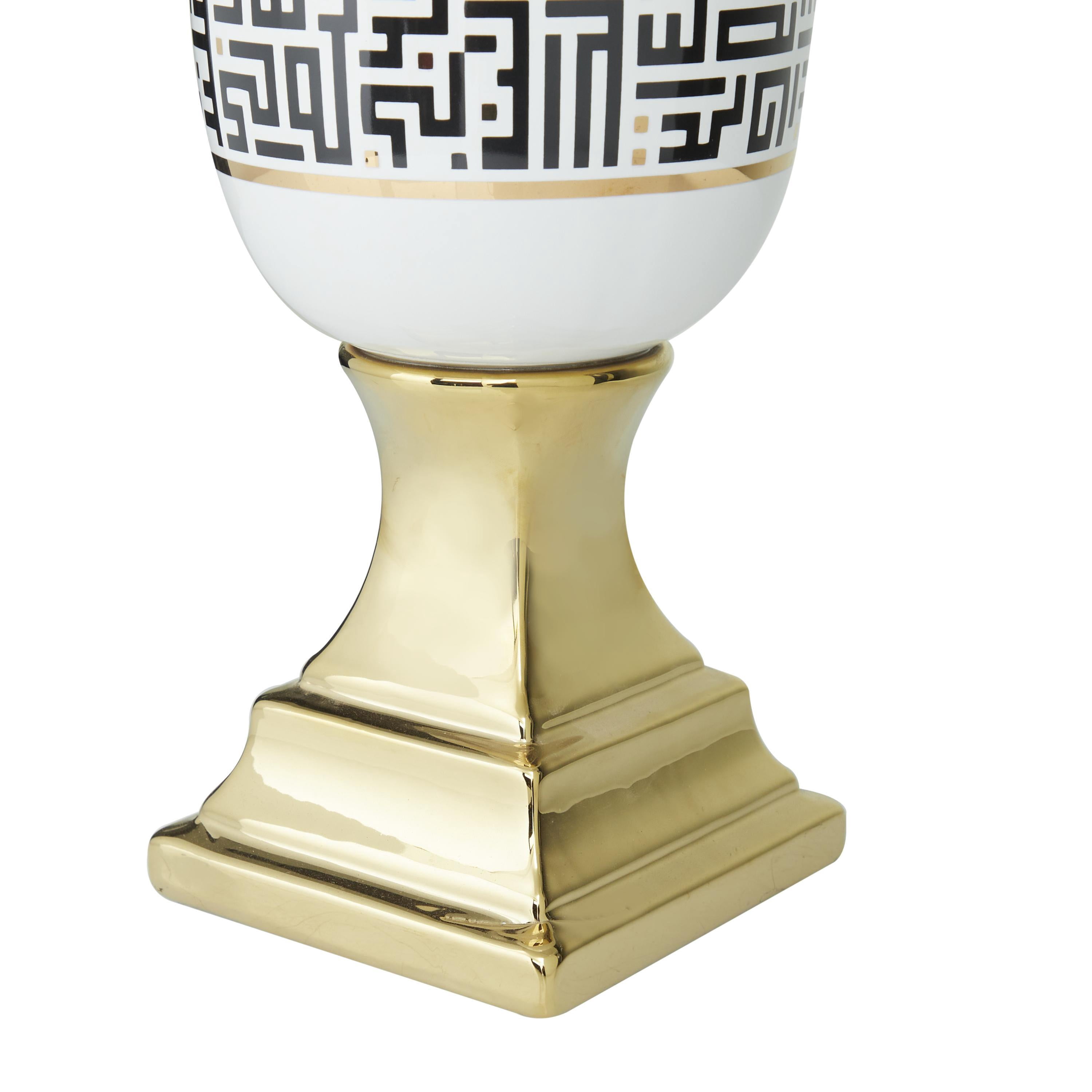 DecMode 21" White Ceramic Vase with Greek Knot Pattern and Gold Base