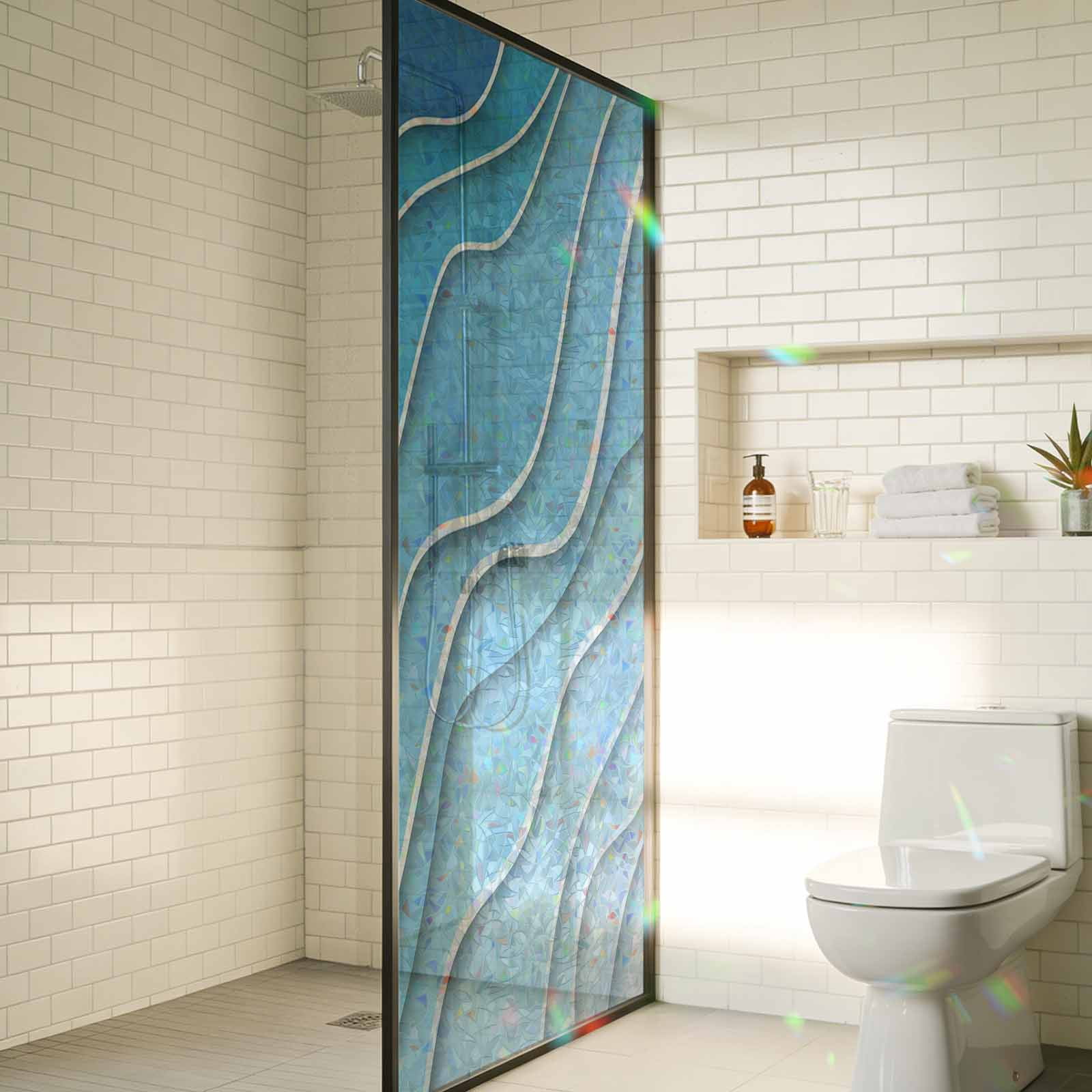 Blue Aqua Ombre Window Privacy Film Stain Glass,Reusable Decorative Rainbow Window Film,Modern Geometric Abstract Aesthetic Cream Static Cling Sun Blocking Stickers Decals Covers 23.6" x 59" (2pcs)