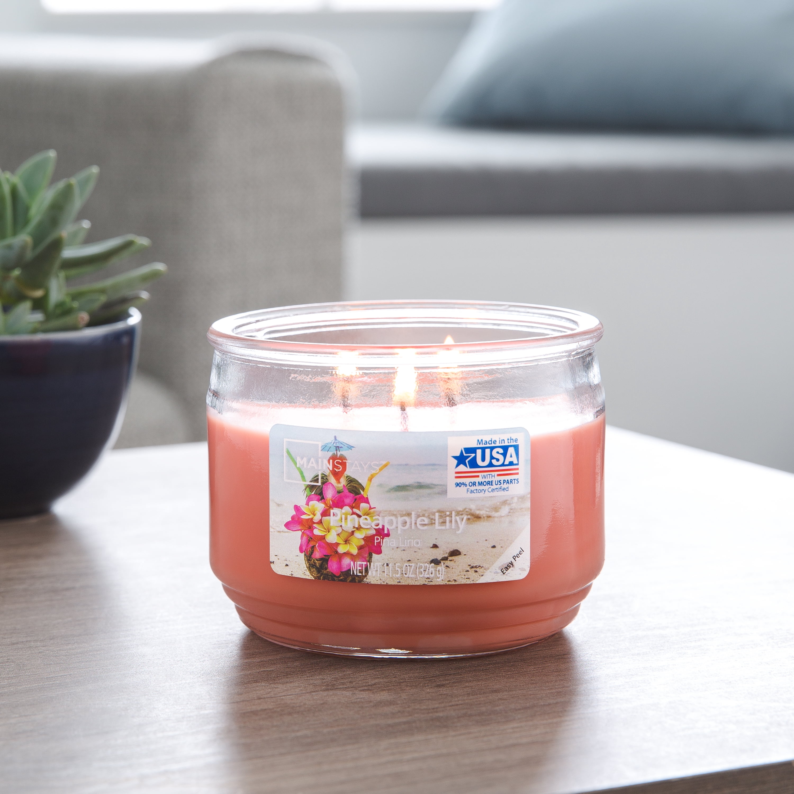 Mainstays Pineapple Lily Scented 3-Wick Glass Jar Candle, 11.5 oz