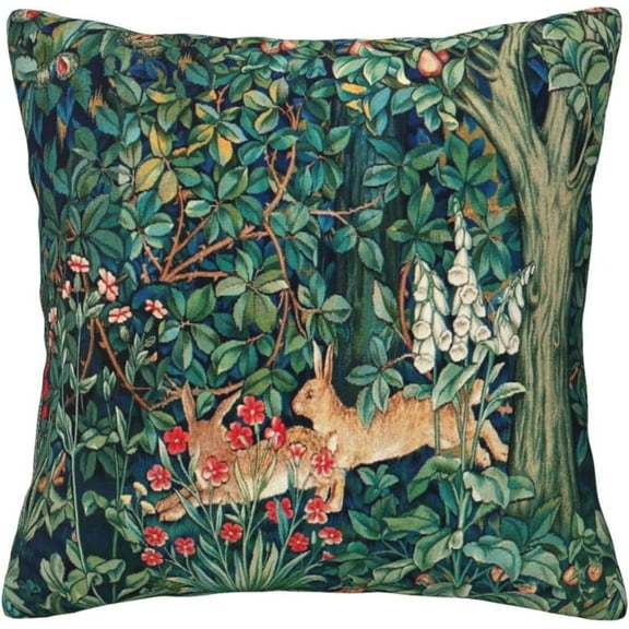 Ryan; William Morris Forest Rabbit Hares Blue Green Floral Throw Pillow Covers Home Decorative Square Pillow Case Cozy Soft Cushion Cover for Home Decor Sofa Living Room Couch Bed Car 18x18 Inch