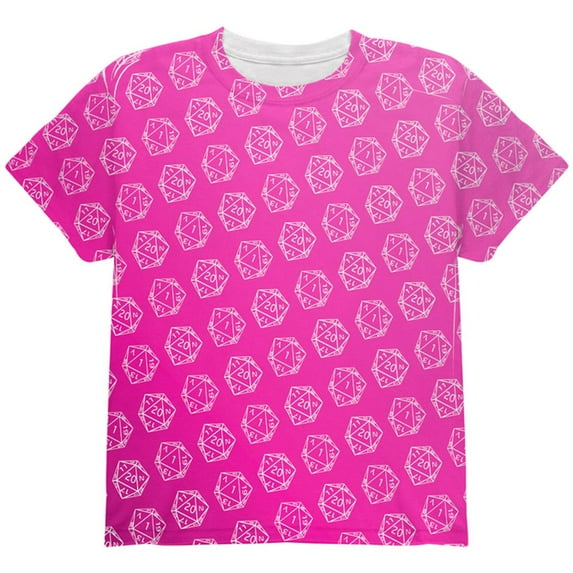 D20 Gamer Critical Hit and Fumble Pink Pattern All Over Youth T Shirt Multi YSM