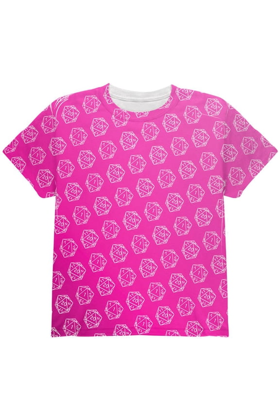D20 Gamer Critical Hit and Fumble Pink Pattern All Over Youth T Shirt Multi YSM