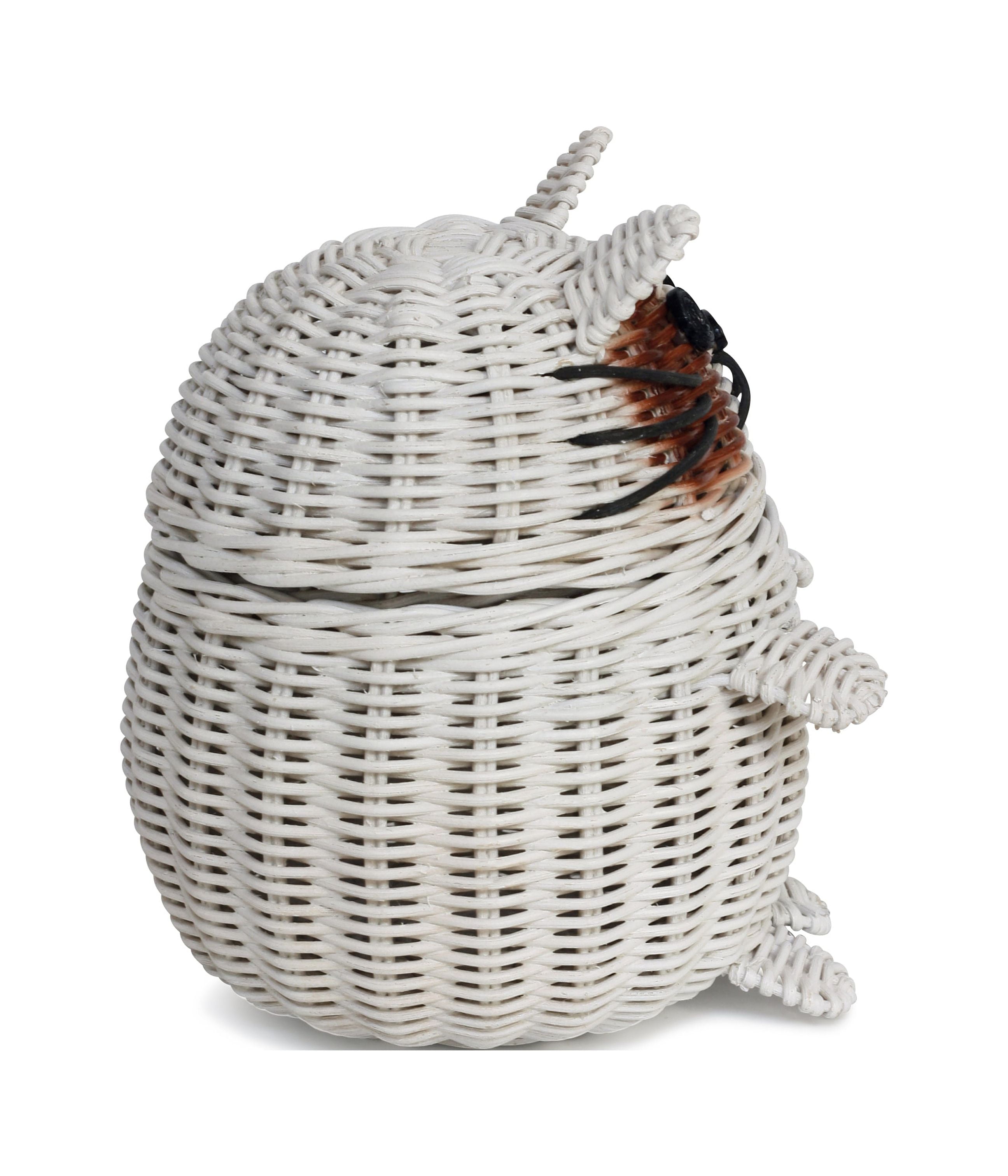 Cat Rattan Storage Basket with Lid Decorative Bin Home Decor Hand Woven Shelf Organizer Cute Handmade Handcrafted Gift Art Artwork Wicker Kitten