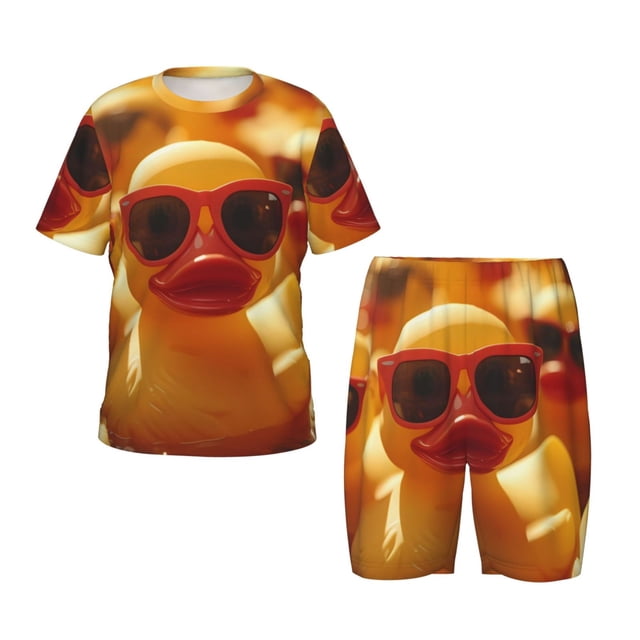 Balery Sunglasses Yellow Duck Conjunto de Pijama Infantil de Manga Corta con Estampado – Ropa de Dormir de Algodón Suave-Small