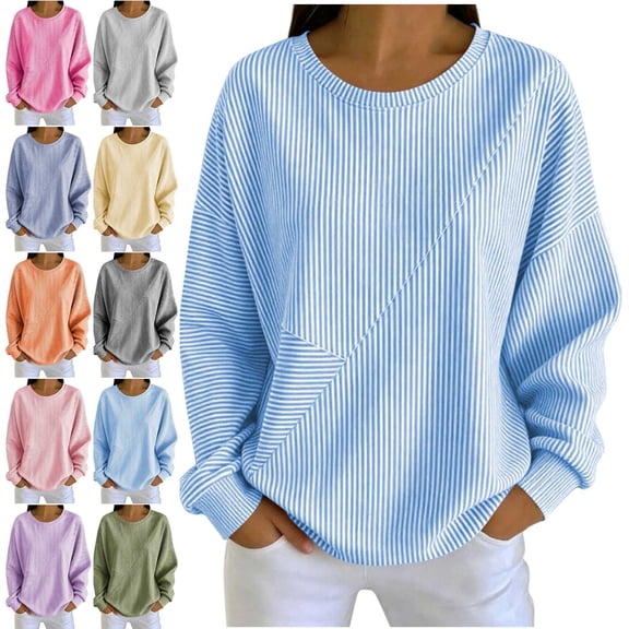 Zivyakyron Crew Neck Sweatshirt for Women Tunic Fall Pullover Striped Comfortable Loose Casual Long Sleeve Woman Tops Purple XL