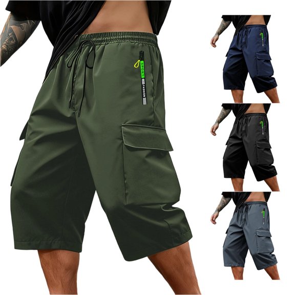 Venzia Men Drawstring Elastic Waist Cargo Capri Shorts Zipper Pocket Sport Shorts