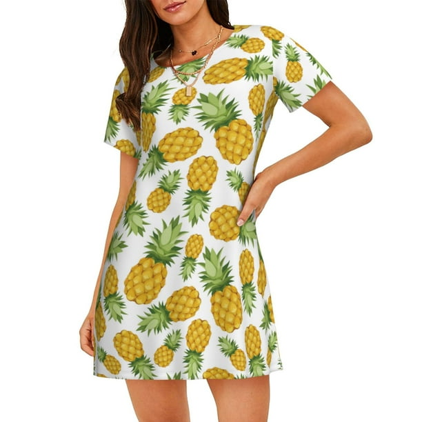 Fotbe Pineapple Bata de Dormir para Mujer con Estampado, Camisón de Algodón de Manga Corta, Ropa de Dormir Casual